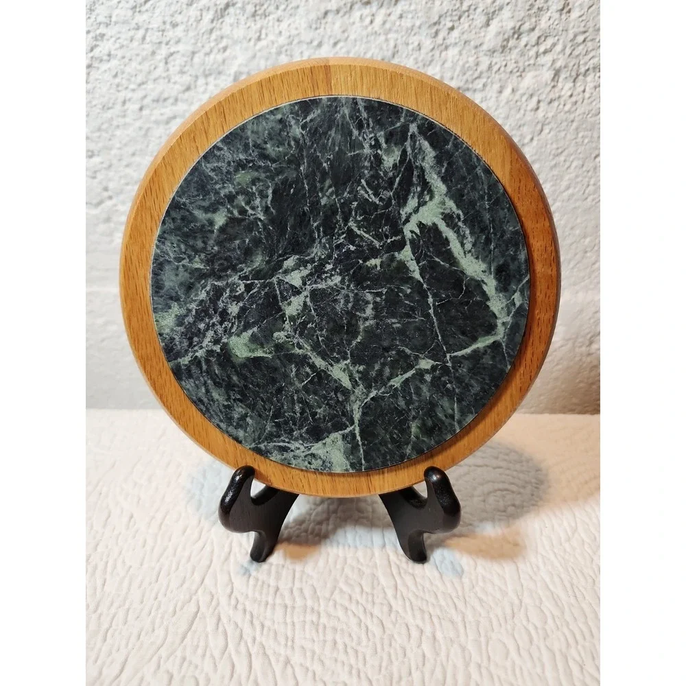 Vintage Cornwall round cheese cutting board green marble top & light wood base.